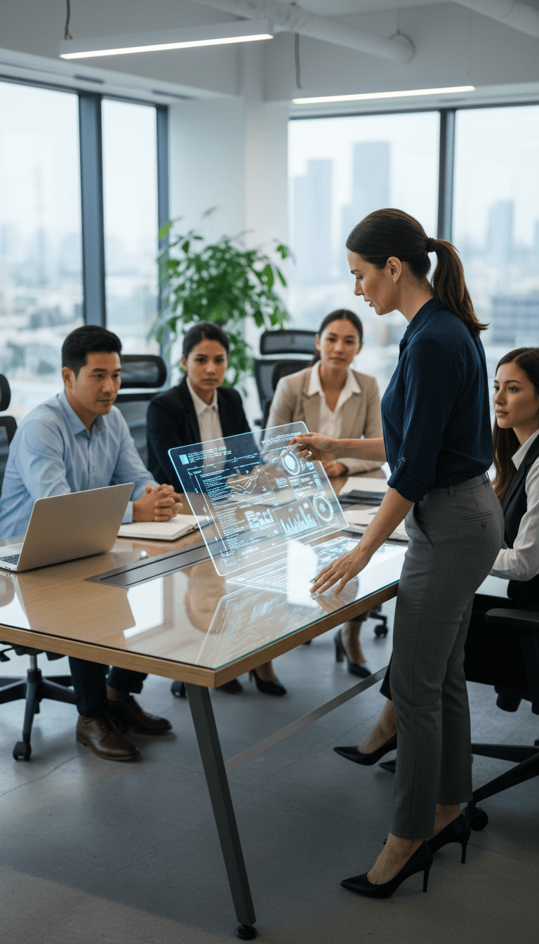 Professional IT consultant explaining a technical solution at a desk in a modern office