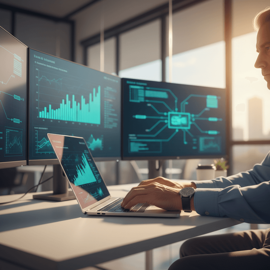 IT consultant working at desk with dual monitors in a clean, bright office