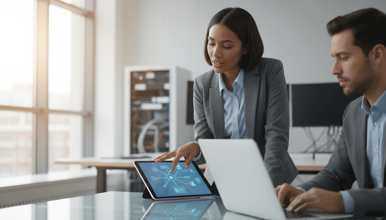 IT consultant talking with a client at a meeting table in a bright, modern office